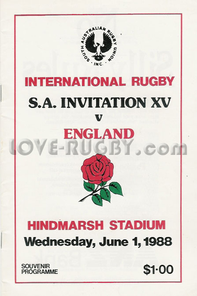 1988 South Australia Invitation XV v England  Rugby Programme